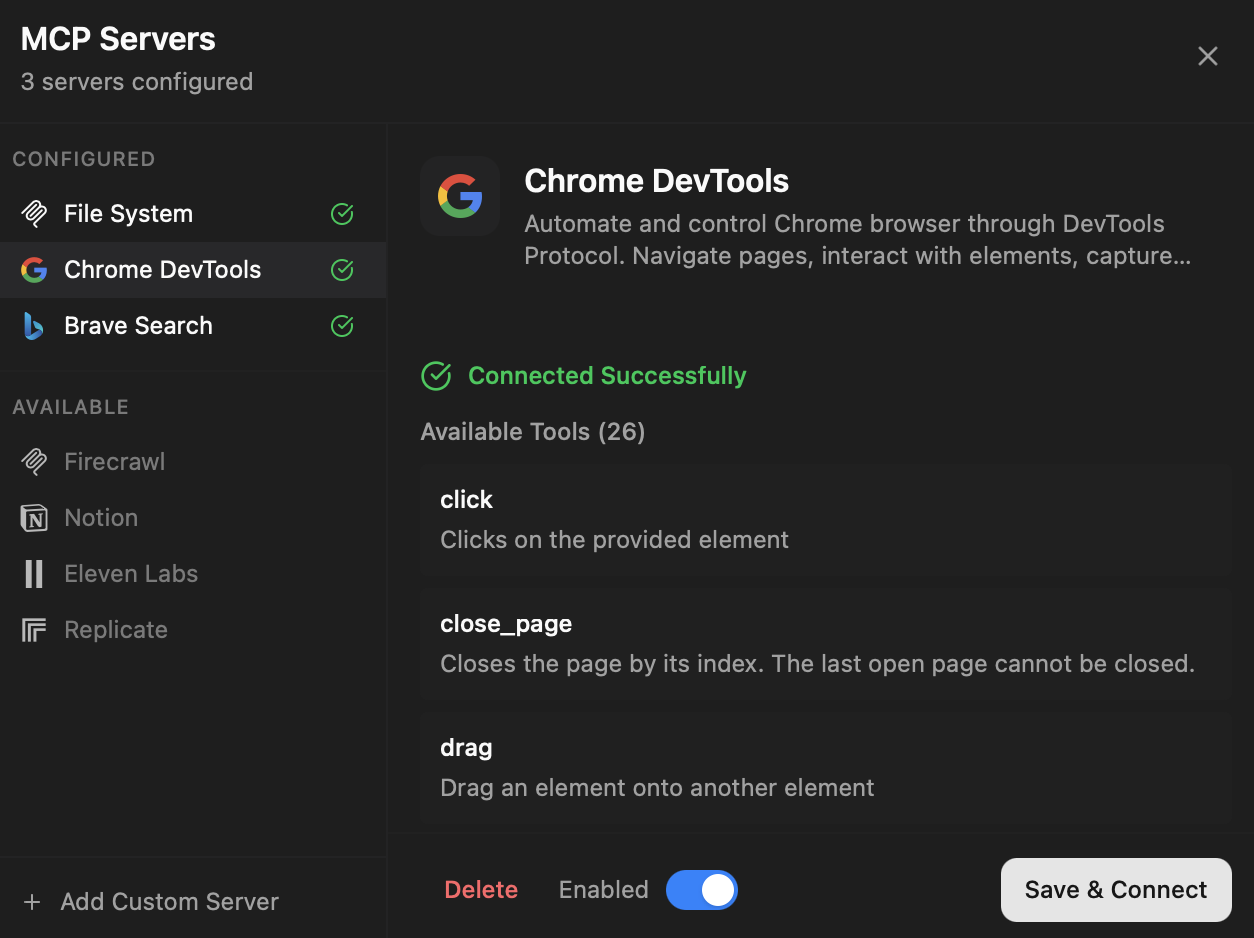 MCP server configuration showing connected tool servers