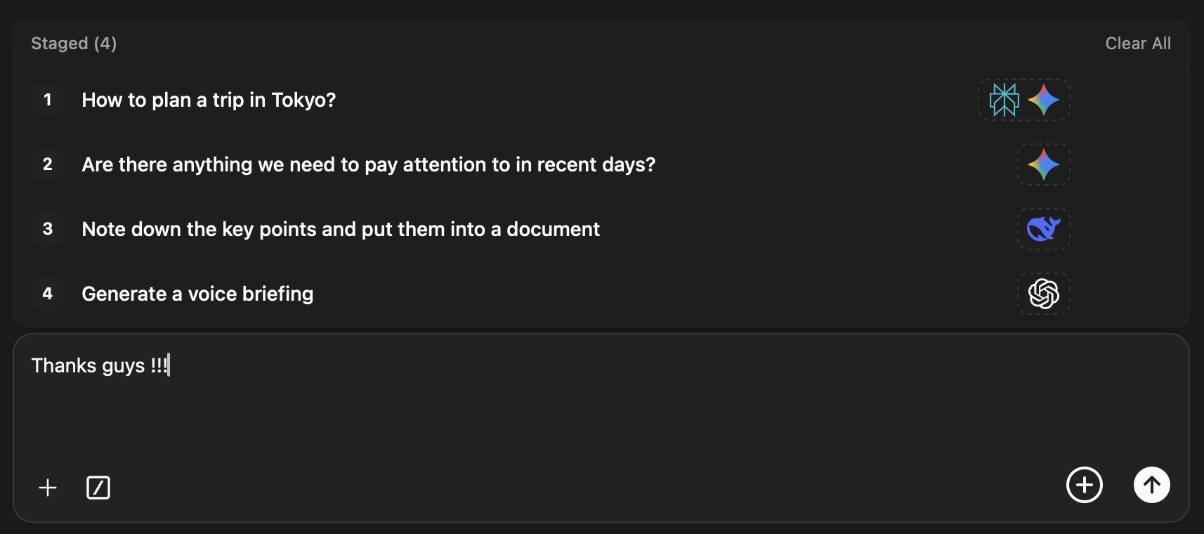 Group conversation with multiple agents responding to the same prompts