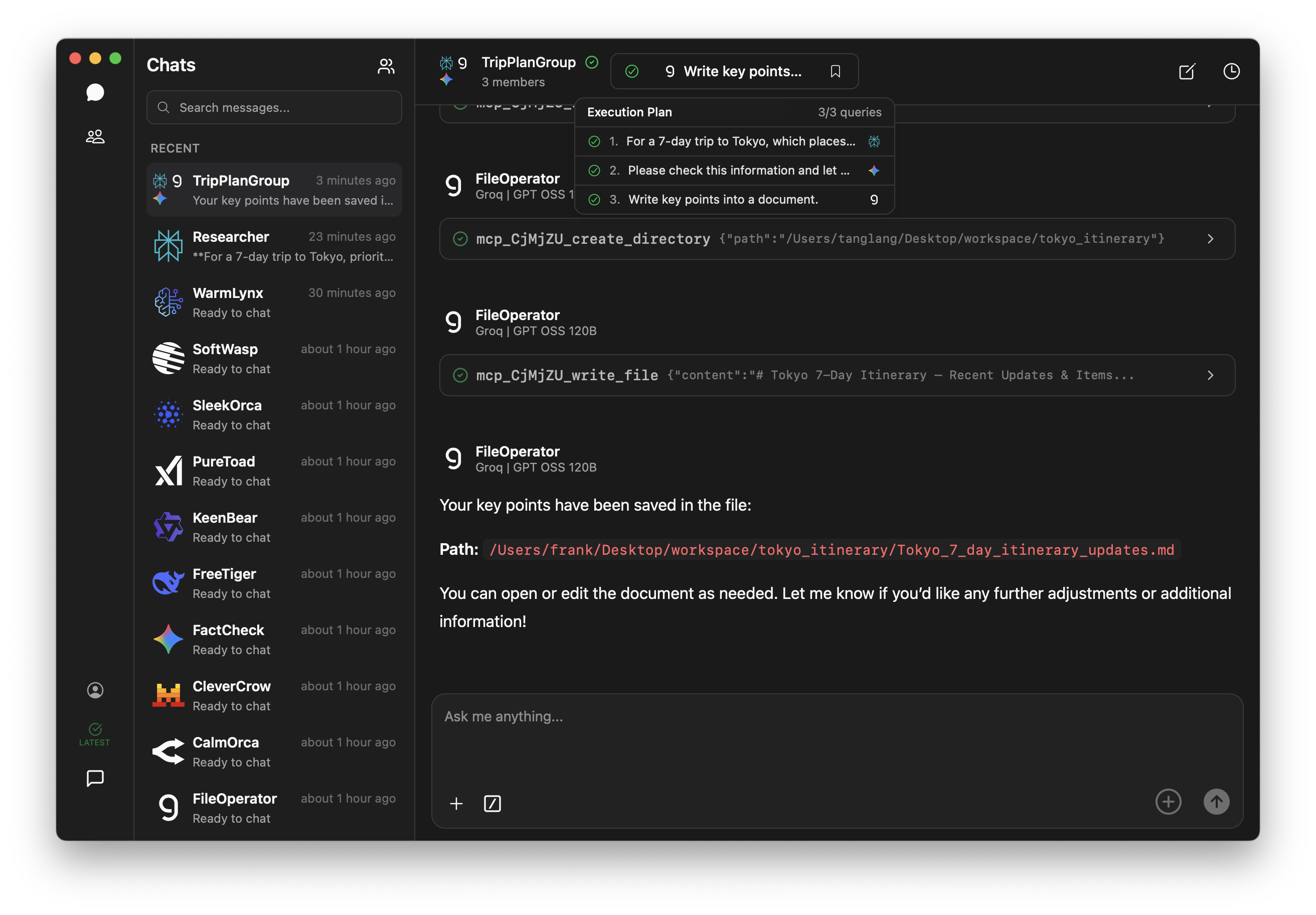 Bunshin desktop app showing chats sidebar, an active multi-agent group conversation, and an MCP-driven file write task
