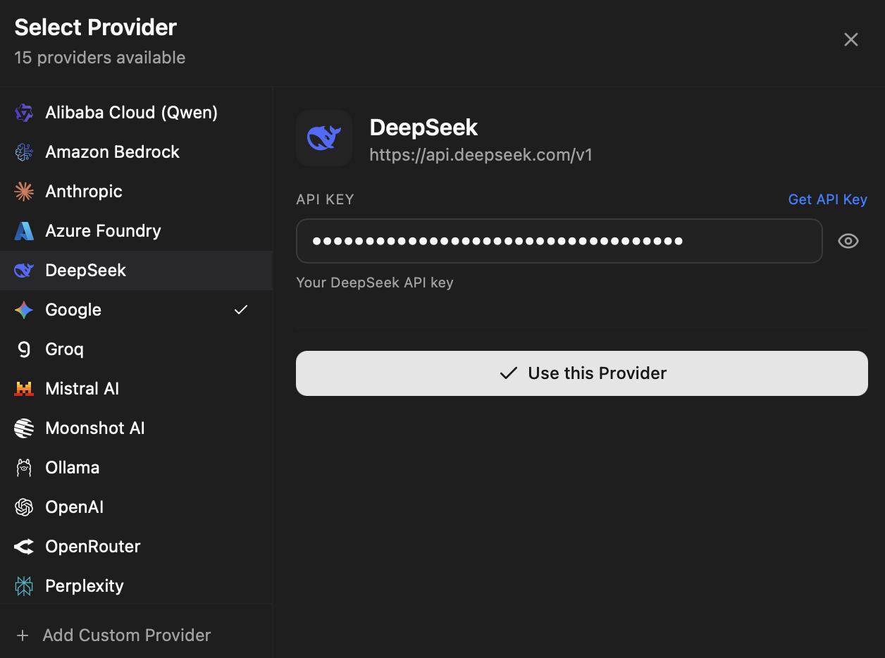 Provider selection in Bunshin showing 15 supported AI providers